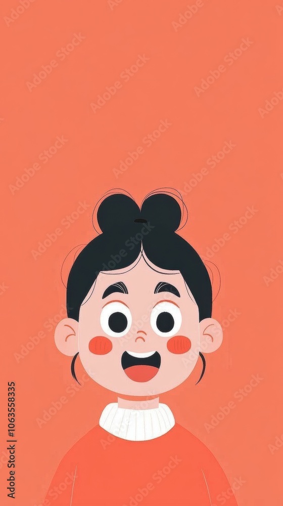 Cheerful cartoon girl with a bun hairstyle on an orange background, AI Cheerful cartoon girl with a bun hairstyle on an orange background, AI