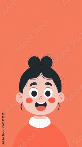 Cheerful cartoon girl with a bun hairstyle on an orange background, AI