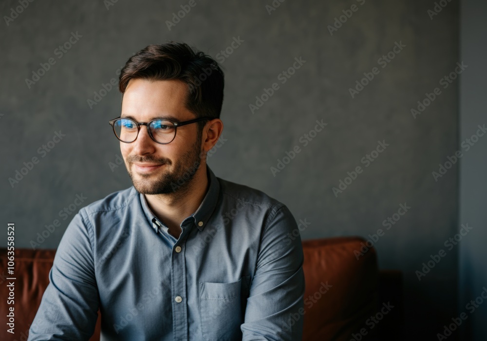 Obraz premium Thoughtful Young Man in Glasses Looking Away