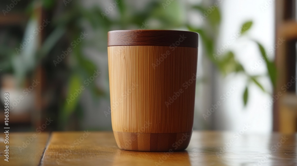 A bamboo cup with a wooden lid, set against a natural backdrop. A bamboo cup with a wooden lid, set against a natural backdrop.