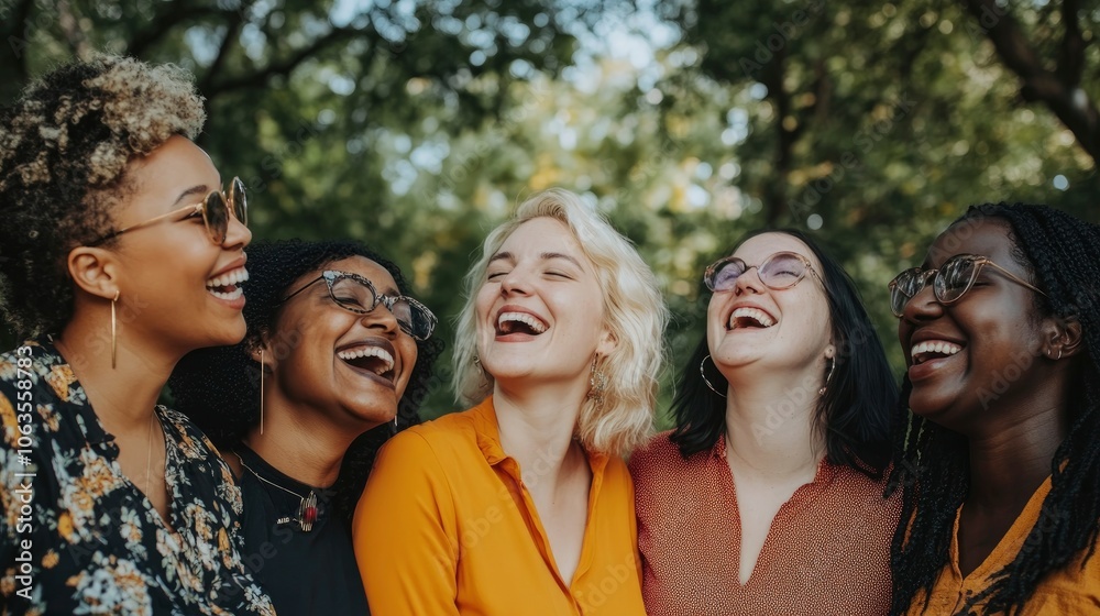 Fototapeta premium Group of people with different ages, ethnicities, and body types laughing together in an urban park
