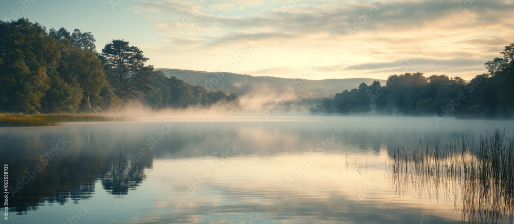 Fototapeta premium Misty Lake at Dawn with Fog and Reflections