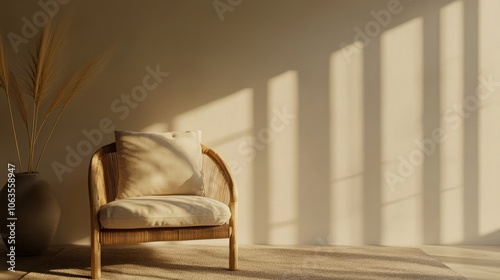 Cozy chair in a sunlit room with minimalist decor.