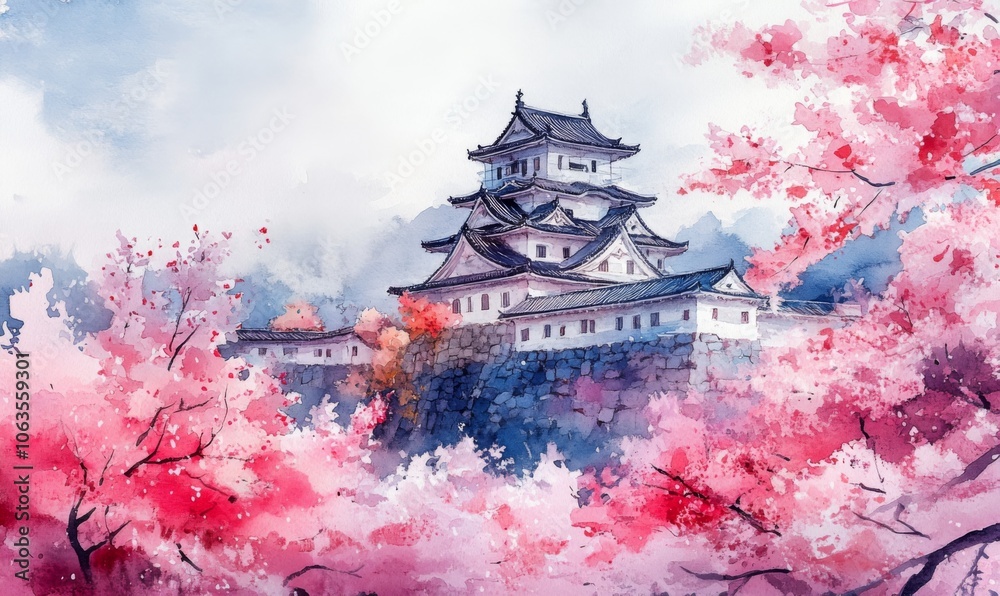 Watercolor Scenic full bloom cherry blossom at Himeji castle in Hyogo, Japan