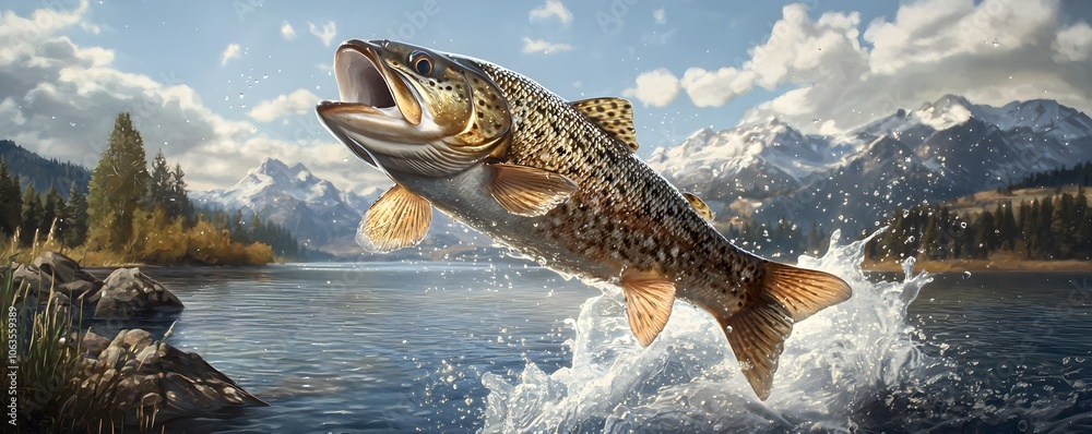 A fish in mid-jump, water droplets suspended around it, highlighting the thrill of fishing and the beauty of a pristine lake environment