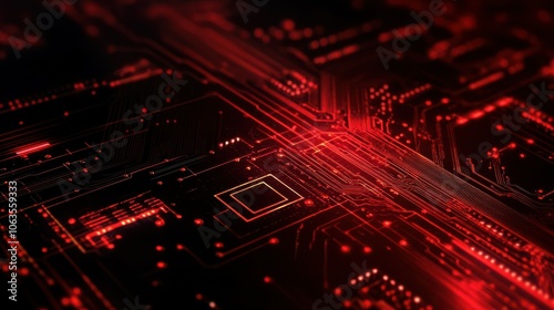 Thin circuit trace lines in red on a dark technology background. Abstract digital tech bg. Electronics and computer technology concept. Chip and circuit board. Vector illustration with text space.