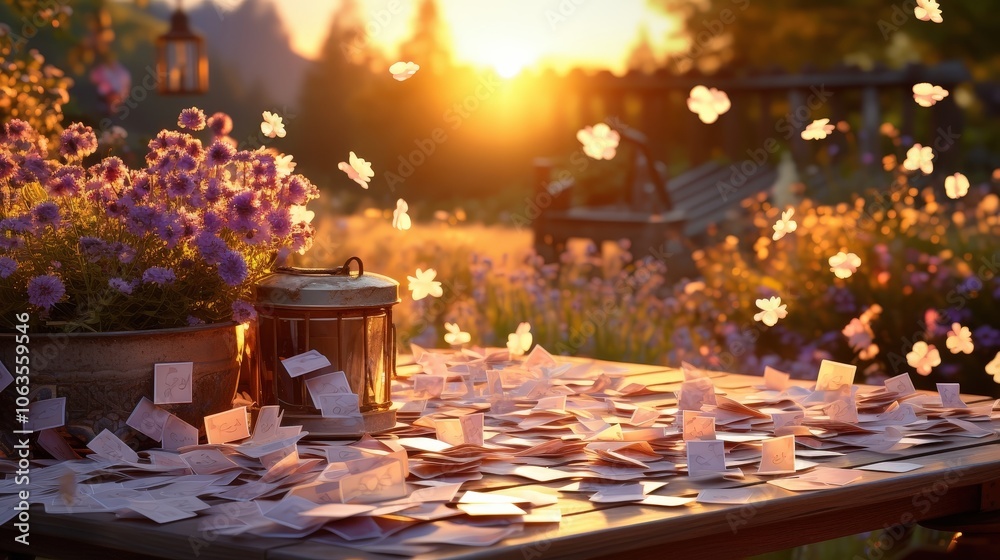 A rustic wooden table adorned with scattered paper notes, bathed in the warm glow of the setting sun, surrounded by a vibrant floral landscape.