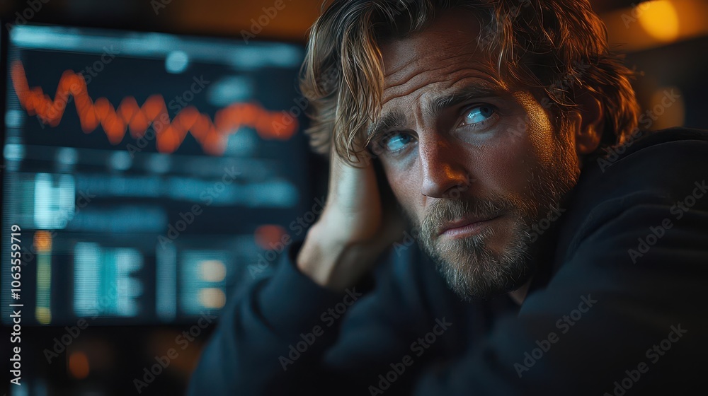 image of a man expressing frustration holding his face in dismay before a stock market graph showing declining trends symbolizing emotional distress in finance