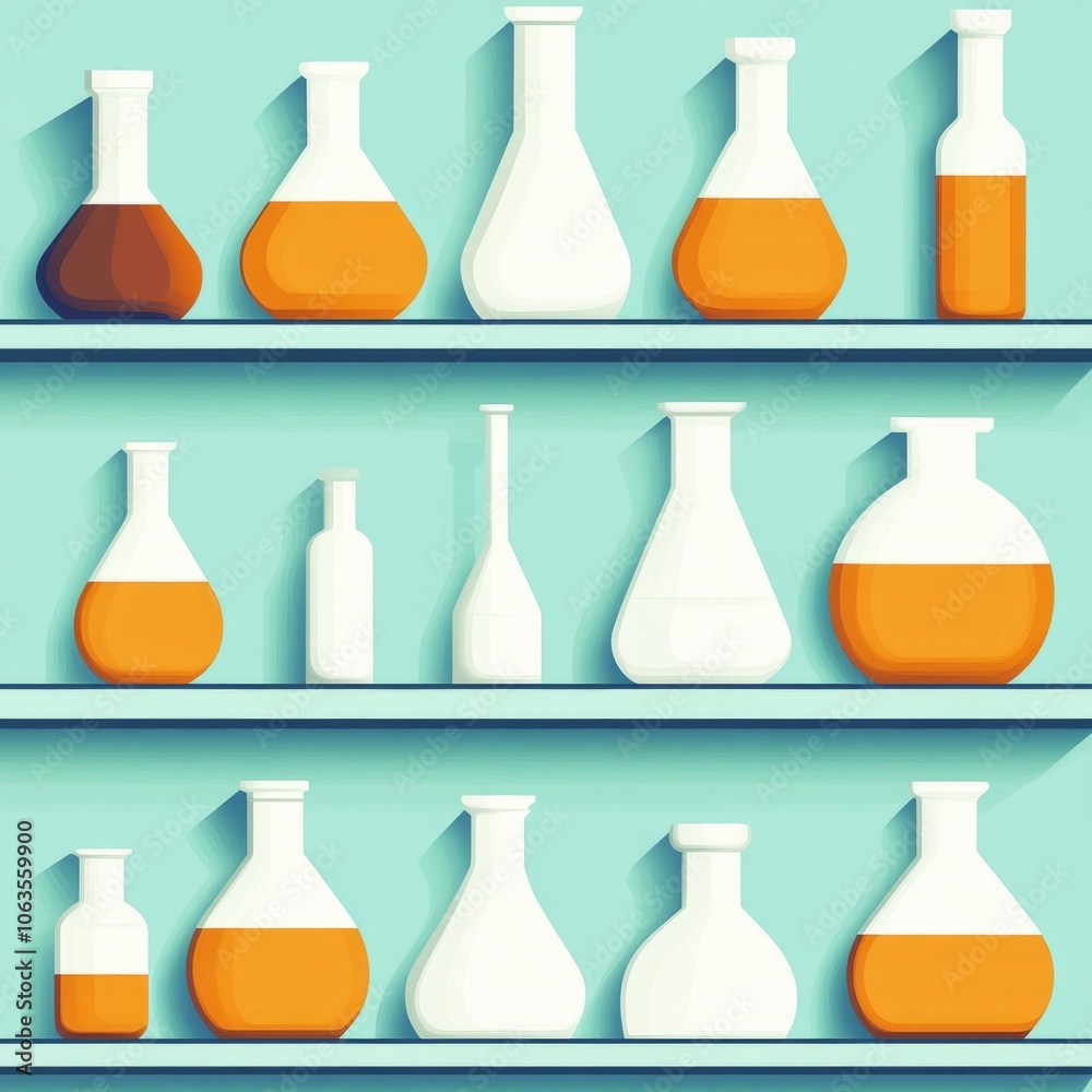 A collection of laboratory glassware filled with orange liquids on shelves. A collection of laboratory glassware filled with orange liquids on shelves.