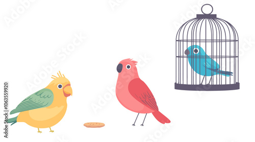 Bird is eating food in front of a cage. Another bird is standing next to the cage. Flat vector illustration isolated.