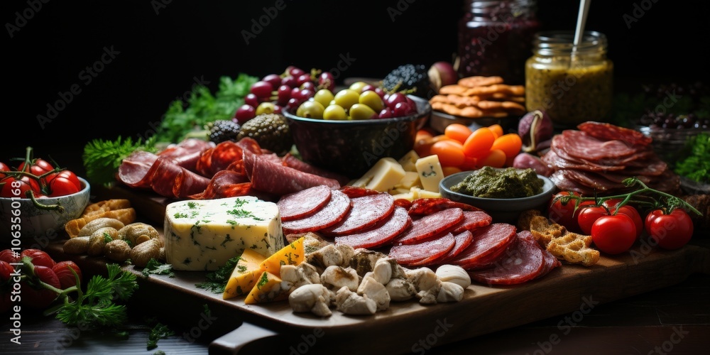 A Feast for the Senses A Rustic Wooden Board Adorned with Delectable Salami, Creamy Cheese, and Fresh Produce A Feast for the Senses A Rustic Wooden Board Adorned with Delectable Salami, Creamy Cheese, and Fresh Produce