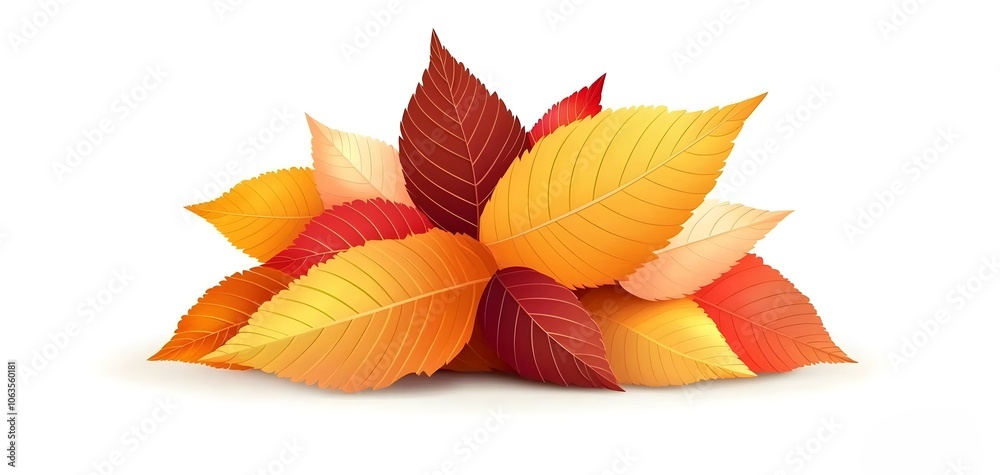 Fototapeta premium a pile of autumn leaves, vibrant orange, red, and yellow tones, realistic texture, isolated on white background