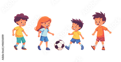 Group of children playing soccer. One of the children is wearing a yellow shirt. Flat vector illustration isolated.