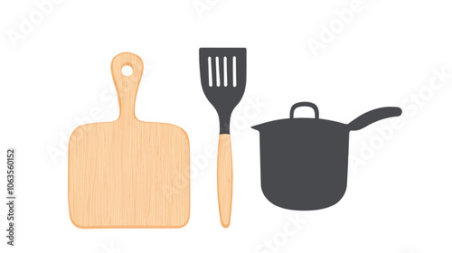 Wooden cutting board, spatula, and pot. The spatula is black and the pot is black and silver. Flat vector illustration isolated.