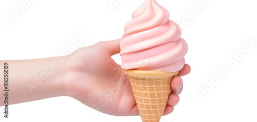 a person s hand gripping a cone with pink ice cream, bright and creamy texture, isolated on white background photo