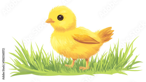 Yellow chick standing on a green field. The chick is looking at the camera. The grass is short. Flat vector illustration isolated.