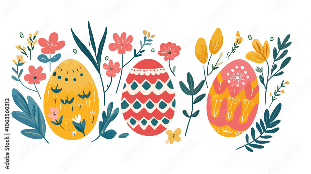 Three eggs with flowers around them. The eggs are in different colors. Flat vector illustration isolated.