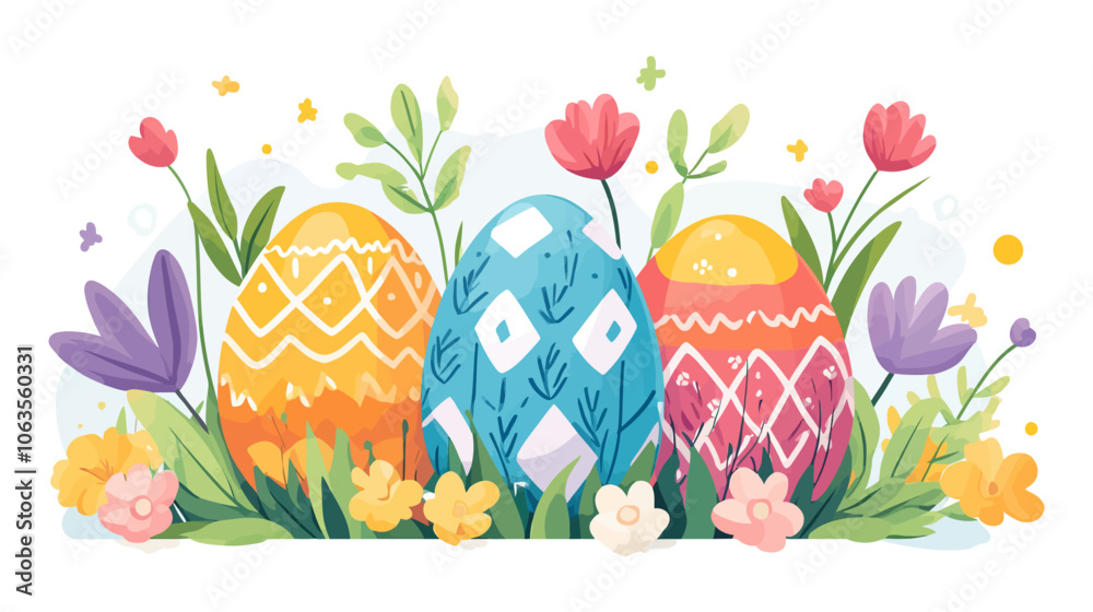 Three eggs are in a row with flowers in between. The eggs are painted in different colors. Flat vector illustration isolated.