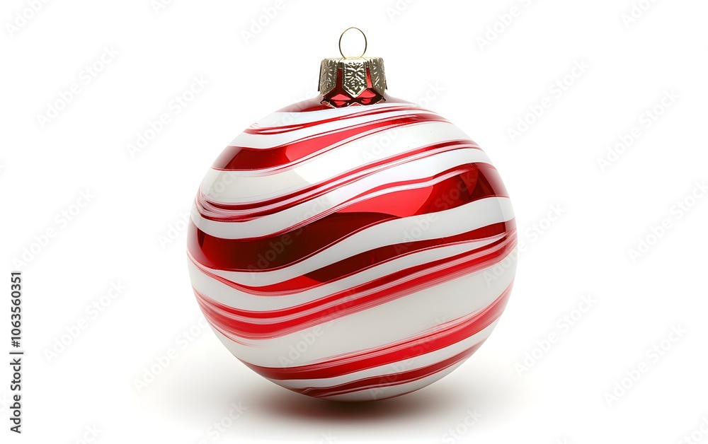a red and white striped Christmas bauble, shiny texture, festive holiday decoration, isolated on white background