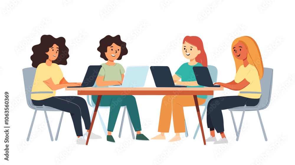 Four women sitting around a table with laptops. One of the women is wearing a yellow shirt. Flat vector illustration isolated. Four women sitting around a table with laptops. One of the women is wearing a yellow shirt. Flat vector illustration isolated.