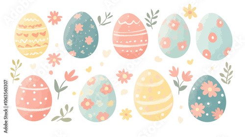 Set of colorful eggs with flowers and leaves surrounding them. There are nine eggs in total. Flat vector illustration isolated.