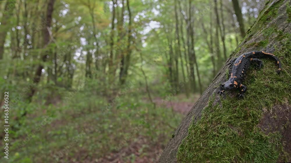Fire salamander moving in the woodland (Salamandra salamandra)