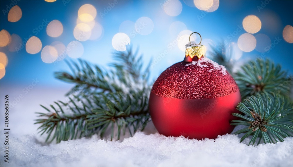 Christmas - Red Ornament On Snow With Fir Branches Christmas - Red Ornament On Snow With Fir Branches