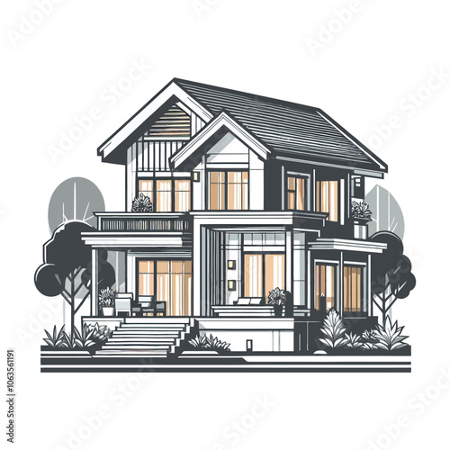 Modern vector silhouette home sketch architecture building illustration.