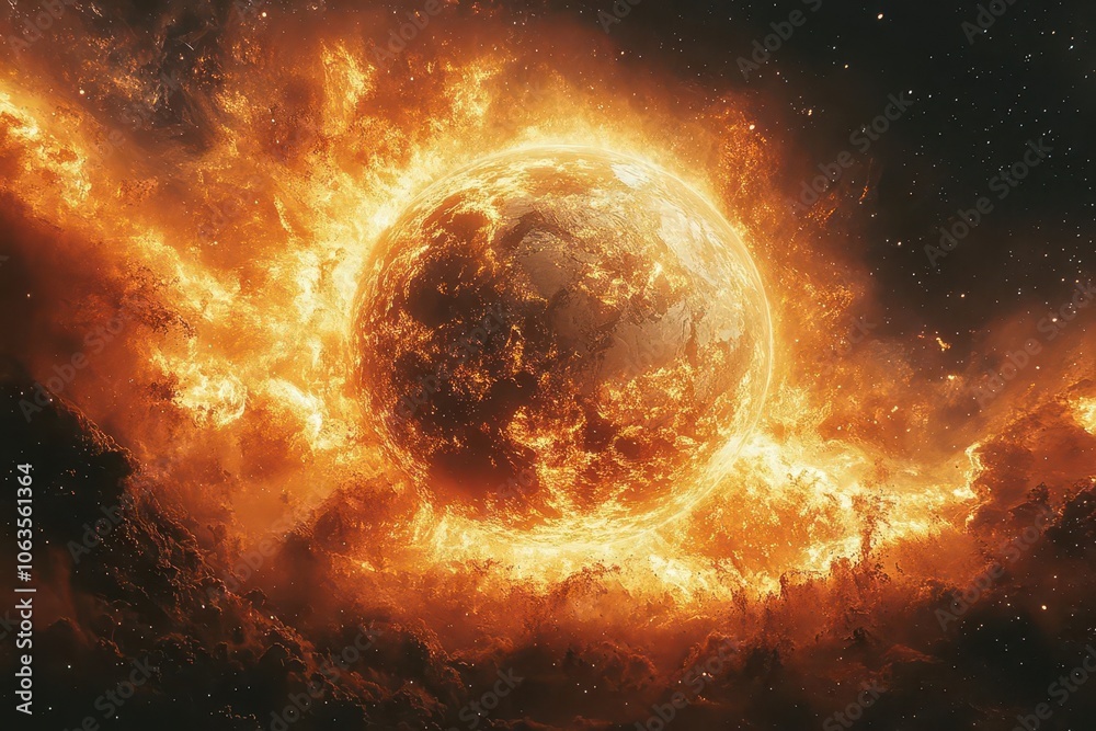 in a dramatic scene of cosmic armageddon a fiery explosion engulfs planet earth silhouetted against a backdrop of swirling stars and dark void evoking apocalyptic imagery in a dramatic scene of cosmic armageddon a fiery explosion engulfs planet earth silhouetted against a backdrop of swirling stars and dark void evoking apocalyptic imagery