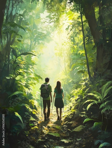 Couple hiking through a dense forest with light filtering through trees, vibrant green tones