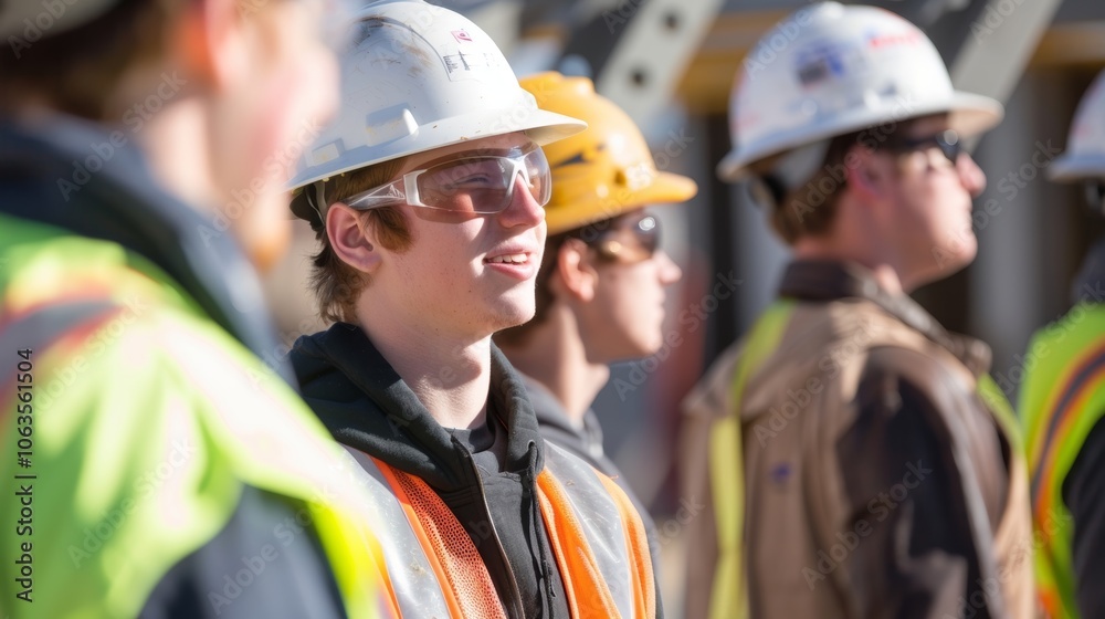 Trainees are dressed in appropriate safety gear including hard hats and reflective vests as they learn how to handle potential hazards on a construction site. Trainees are dressed in appropriate safety gear including hard hats and reflective vests as they learn how to handle potential hazards on a construction site.