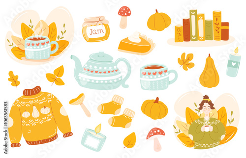 Cozy hand drawn autumn set of vector elements - pumpkins, leaves, mushrooms, sweater, candles, girl holding cup of tea, pumpkin pie, books, mug, tea pot, jam jar. Isolated on white background