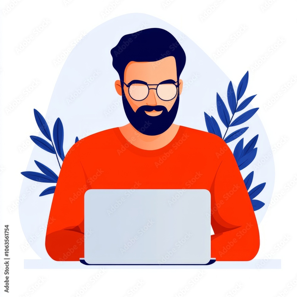 A digital illustration of a man working on a laptop with plants in the background. A digital illustration of a man working on a laptop with plants in the background.