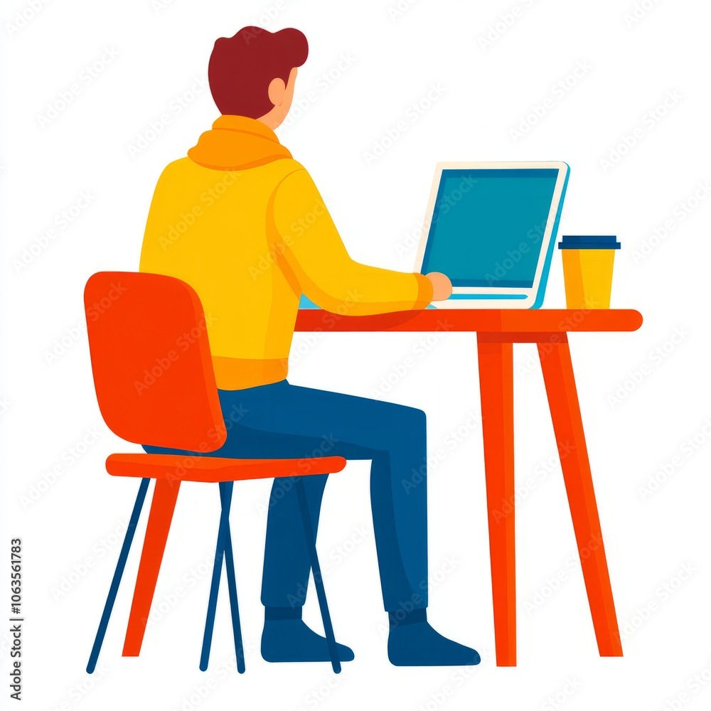 A person working on a laptop at a table with a coffee cup.