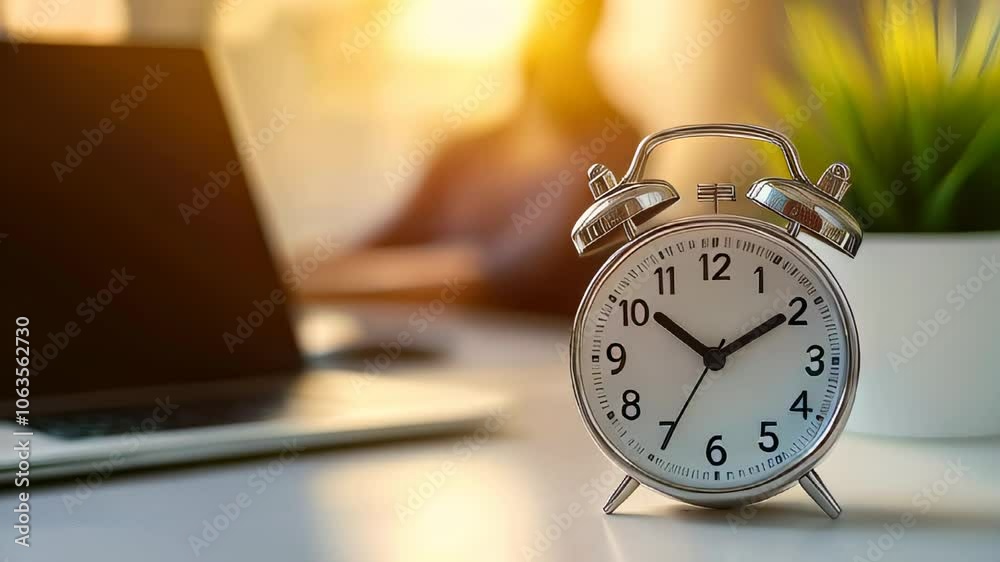Video of a Alarm clock ticking away in slow motion with manager working