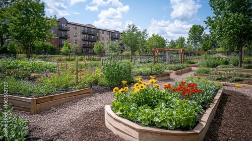 Fototapeta Naklejka Na Ścianę i Meble -  Community Garden with Diverse Plants and Flowers
