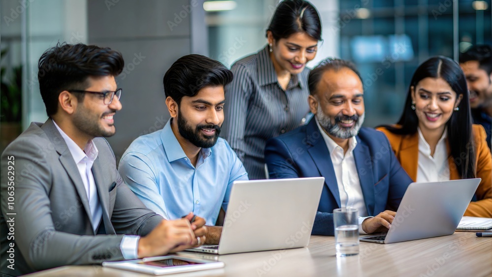 A diverse group of Indian IT specialists brainstorming around a conference table with laptops and documents.
A diverse group of Indian IT specialists brainstorming around a conference table with laptops and documents.