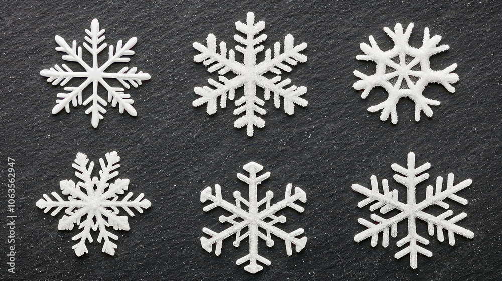 Macro of snowflakes on a dark surface, unique crystal shapes, delicate winter wonder Macro of snowflakes on a dark surface, unique crystal shapes, delicate winter wonder