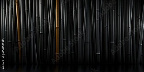 A single golden bamboo stalk stands out against a backdrop of numerous black bamboo stalks, creating a striking visual contrast and symbolizing individuality and resilience.