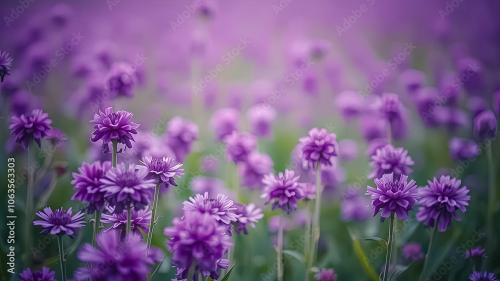 Naklejka premium A delicate field of purple wildflowers, blurred background, soft focus, pastel hues, gentle sway, peaceful and serene landscape.
