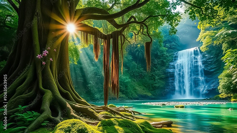 Fototapeta premium Sunlight filters through the canopy of an ancient tree, illuminating a tranquil waterfall cascading into a clear blue pool.