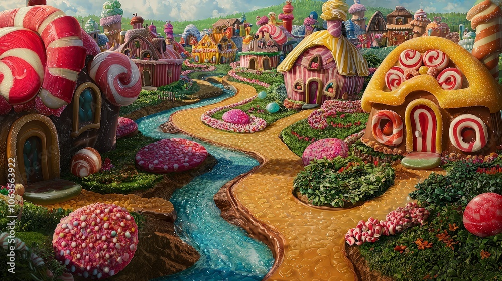 A whimsical village made of candy with a winding path and a stream running through it.