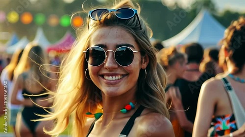 A smiling girl having fun on an outdoor festival in summer with a crowd on the background. A music concert, a fair. 