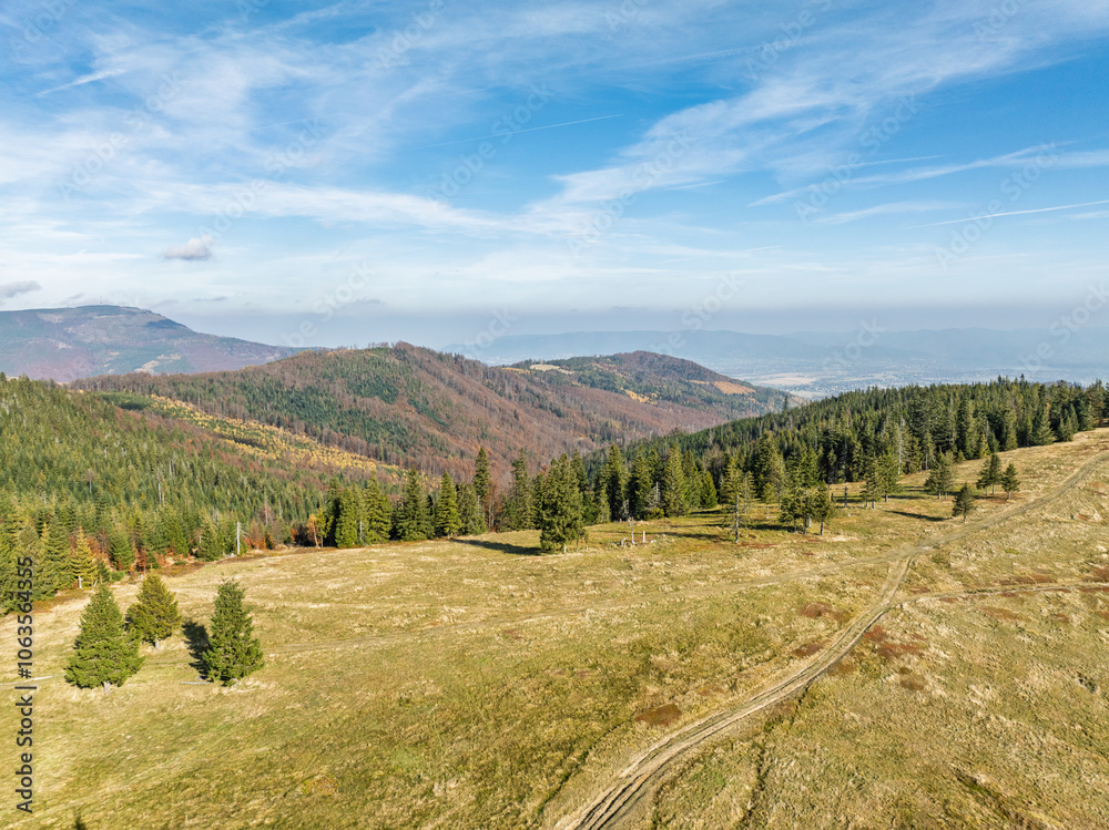 Naklejka premium Beautiful sunny autumn in the Silesian Beskid.Aerial drone view of beskid mountains in autumn.Colorful autumn trees and forest in the mountains. Glinne, Radziechowska, Barania in the Polish Beskids.