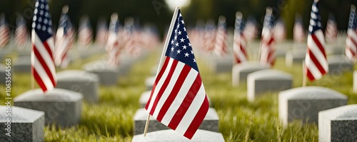 American flags placed on gravestones in a cemetery during a national remembrance event, symbolizing honor and respect for fallen heroes.