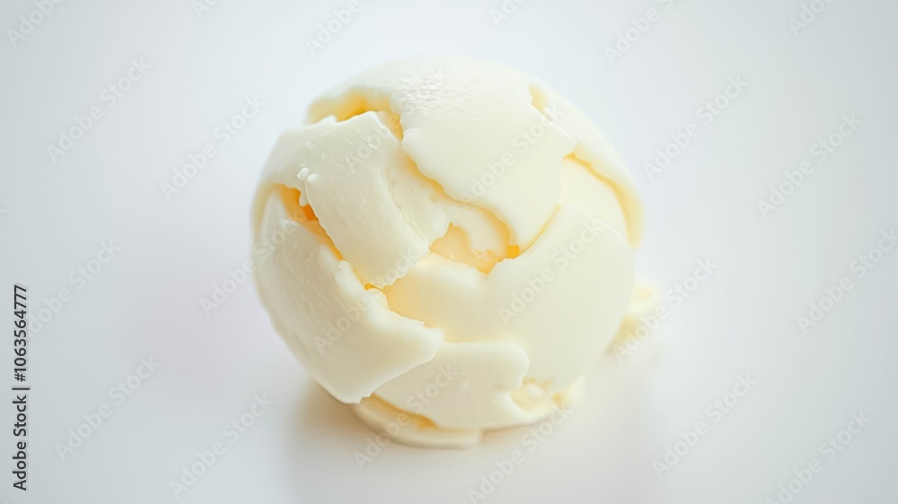 A single scoop of smooth, creamy, white ice cream with a slightly yellow tint, resting on a clean white surface. The ice cream is slightly melted, forming delicate, irregular shapes. A single scoop of smooth, creamy, white ice cream with a slightly yellow tint, resting on a clean white surface. The ice cream is slightly melted, forming delicate, irregular shapes.