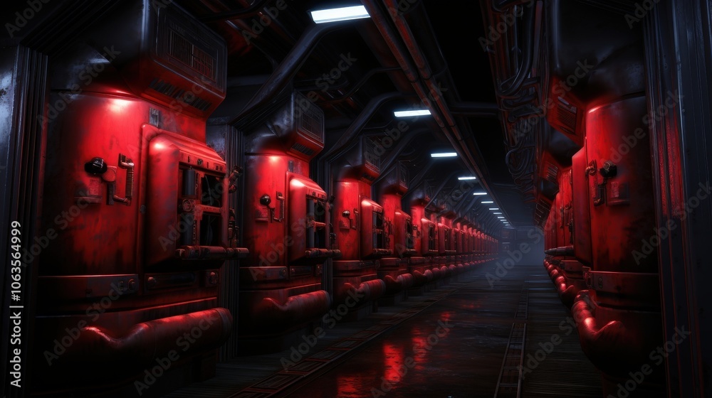 Naklejka premium A narrow, dimly lit corridor lined with rows of red, industrial machinery, the metallic walls and floor reflecting a faint glow from unseen lights, creating an ominous and mysterious atmosphere.
