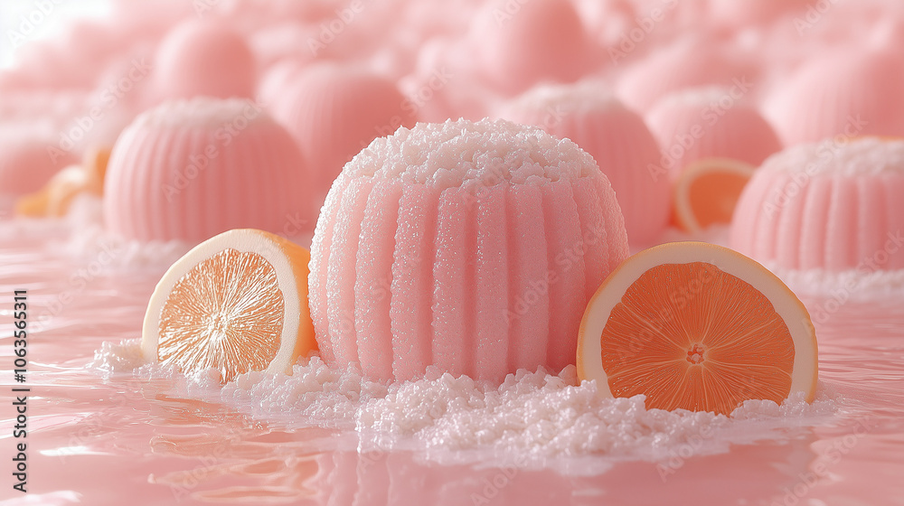 Fototapeta premium Pink Delight: A luscious, textured pink sphere adorned with white sprinkles and surrounded by halved lemon slices, creating a vibrant and playful still life. 