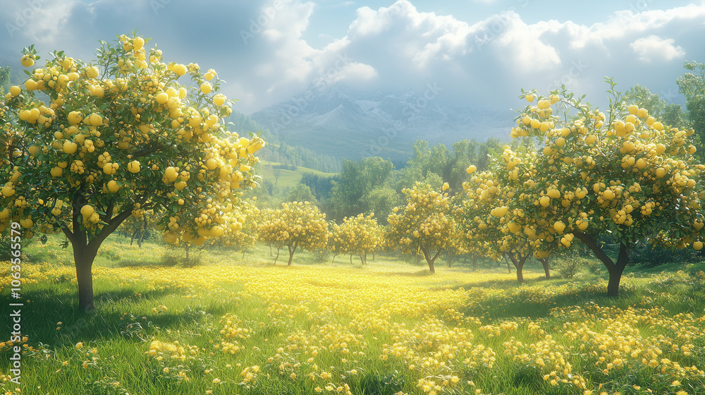 Fototapeta premium Golden Grove: A picturesque meadow bathed in sunlight, dotted with vibrant lemon trees, evokes a sense of tranquility and renewal. The gentle hills in the distance and the soft.