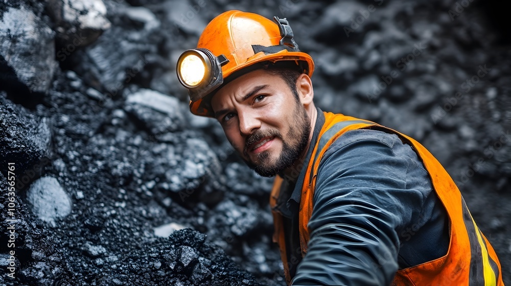 Coal Miner Wearing Headlamp Underground Digging Coal Seam in Manual Mining